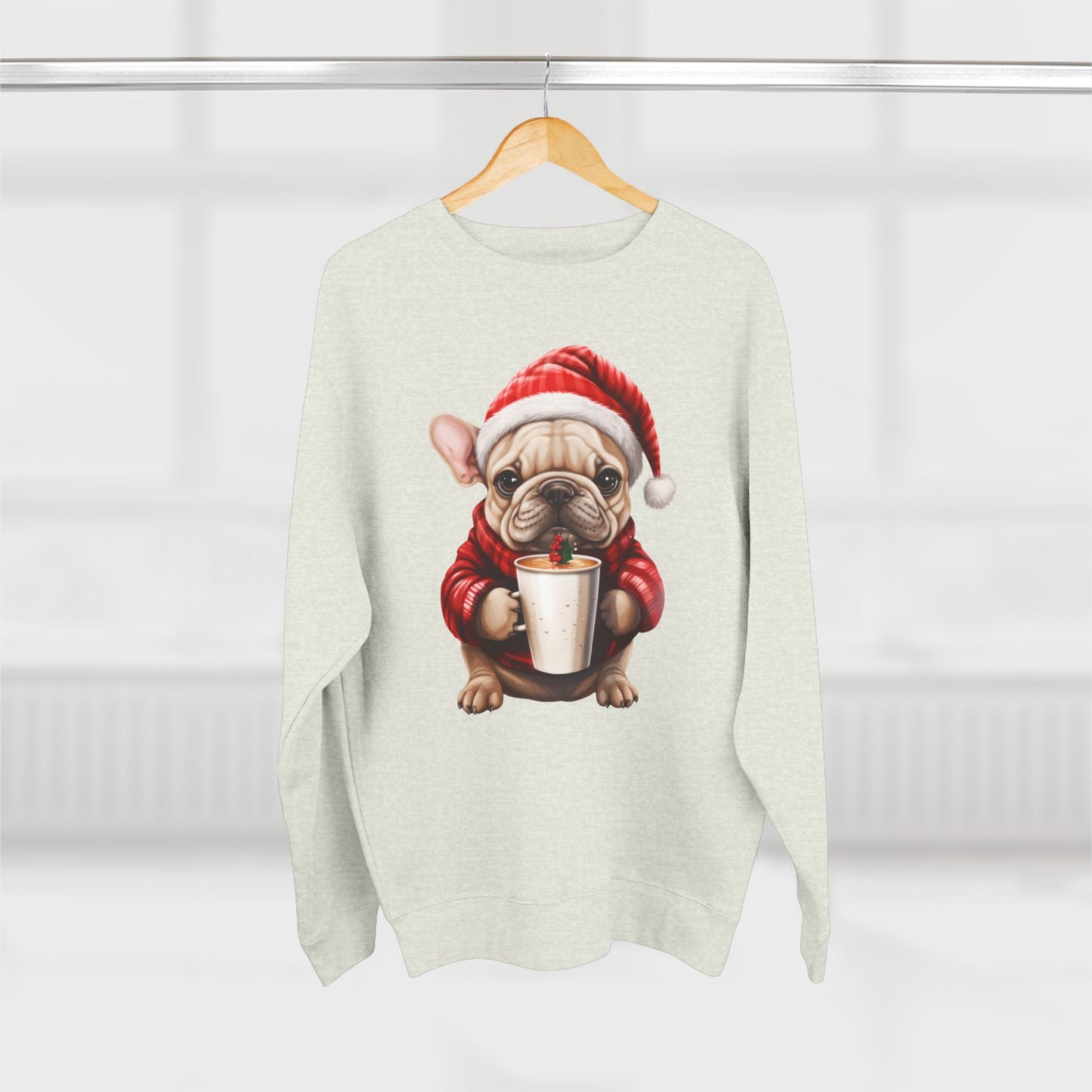 Bubbles! Christmas Frenchy Sweatshirt — Cute Puppy in Santa Hat Holding Hot Cocoa