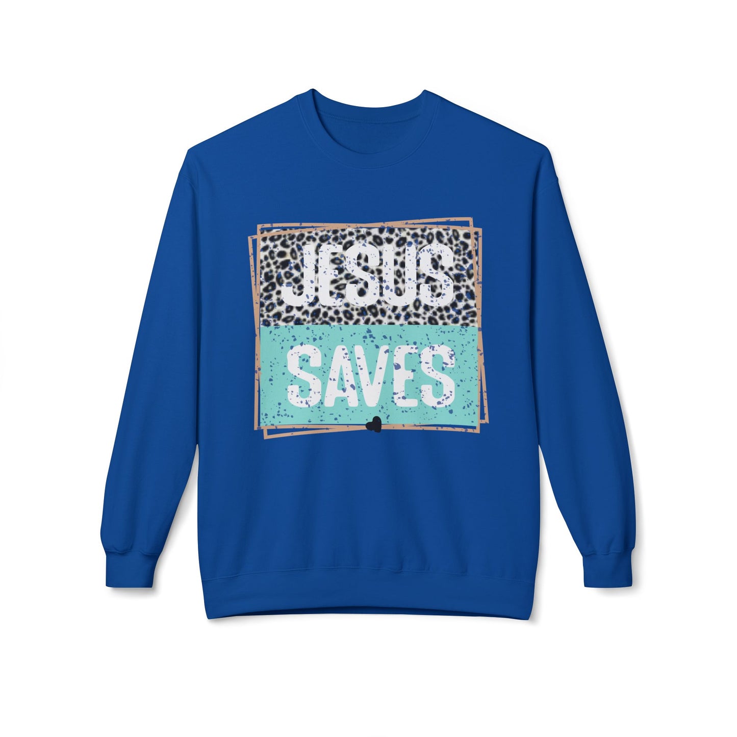 Jesus Saves Crewneck Sweatshirt — Teal Leopard Christian Graphic