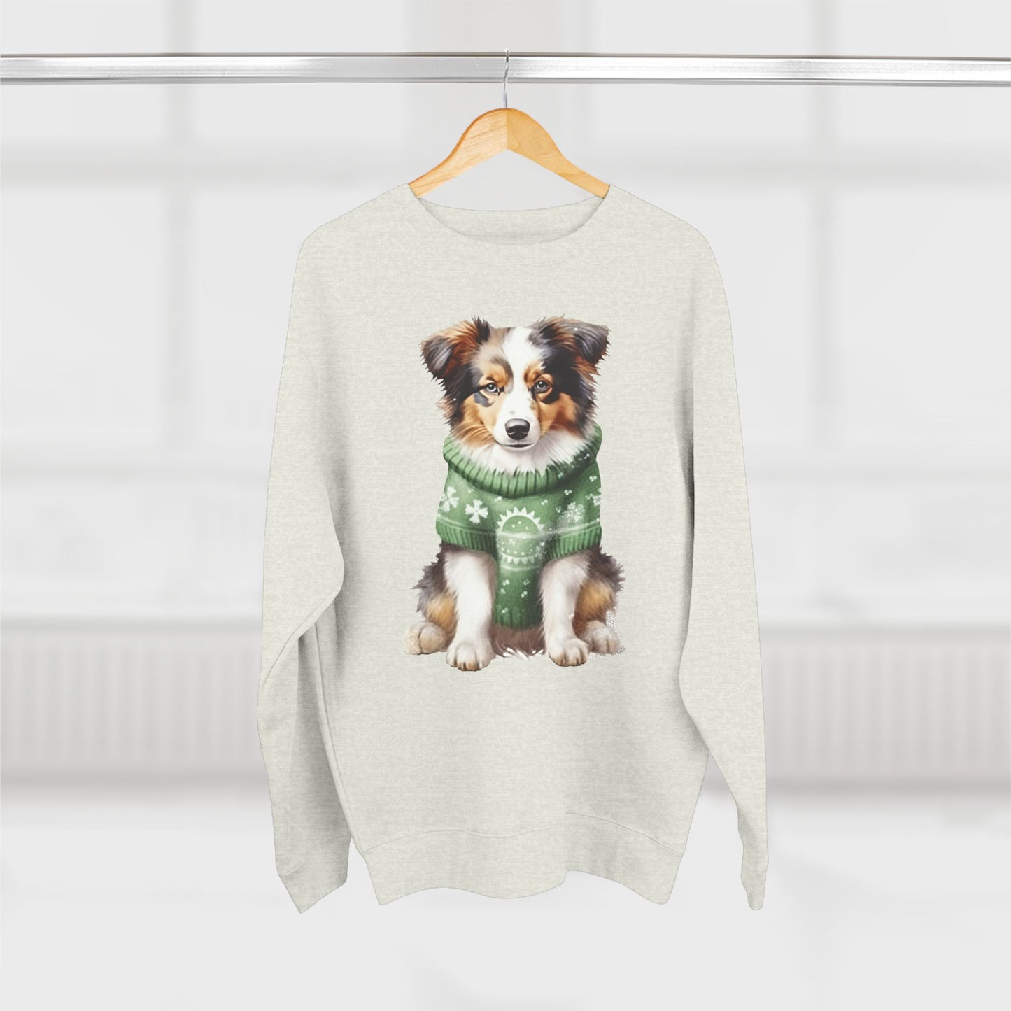 Australian Shepherd Puppy Sweatshirt – Cute Dog in Green Holiday Sweater