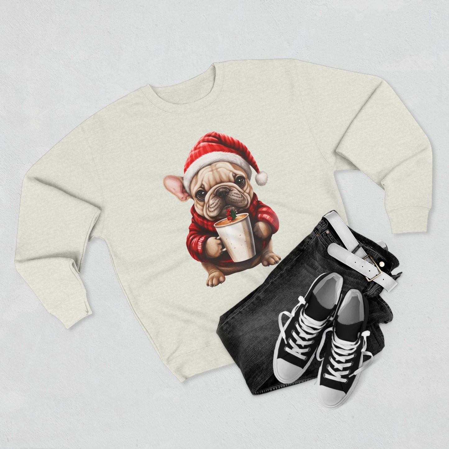 Bubbles! Christmas Frenchy Sweatshirt — Cute Puppy in Santa Hat Holding Hot Cocoa