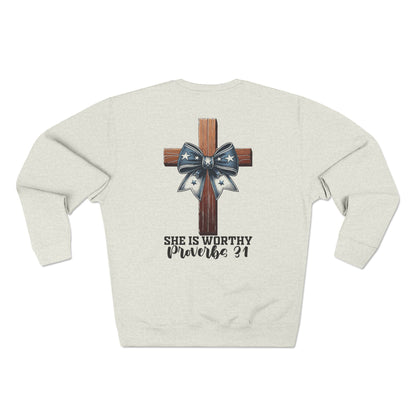 She Is Worthy Proverb 31 Crewneck Sweatshirt - Cross & Bow Christian Pullover