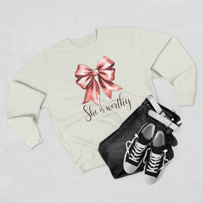 She Is Worthy Pink Bow Sweatshirt