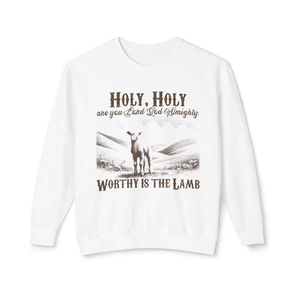 Christian Crewneck Sweatshirt — “Holy, Holy Worthy Is The Lamb” Lamb Graphic