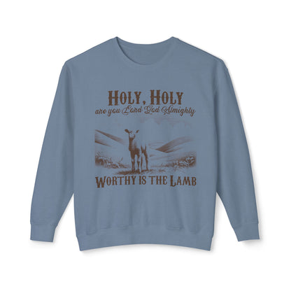 Christian Crewneck Sweatshirt — “Holy, Holy Worthy Is The Lamb” Lamb Graphic