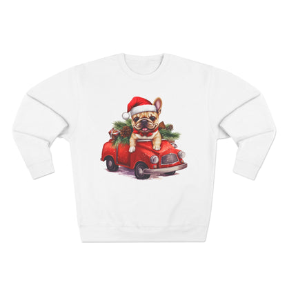 Bubbles! Christmas French Bulldog Sweatshirt — Cute Puppy in Santa Hat Driving Red Car