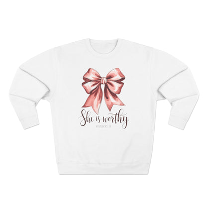 She Is Worthy Pink Bow Sweatshirt
