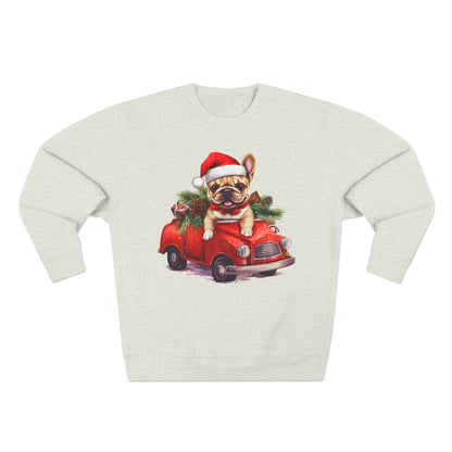 Bubbles! Christmas French Bulldog Sweatshirt — Cute Puppy in Santa Hat Driving Red Car