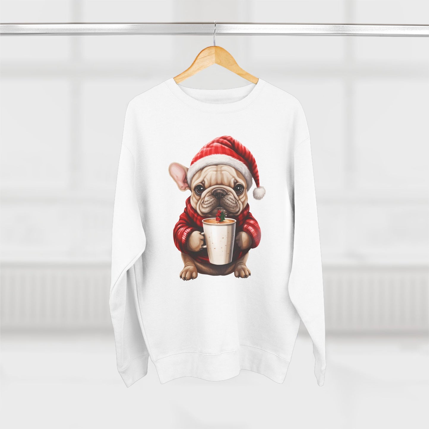 Bubbles! Christmas Frenchy Sweatshirt — Cute Puppy in Santa Hat Holding Hot Cocoa
