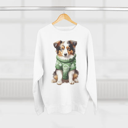 Australian Shepherd Puppy Sweatshirt – Cute Dog in Green Holiday Sweater