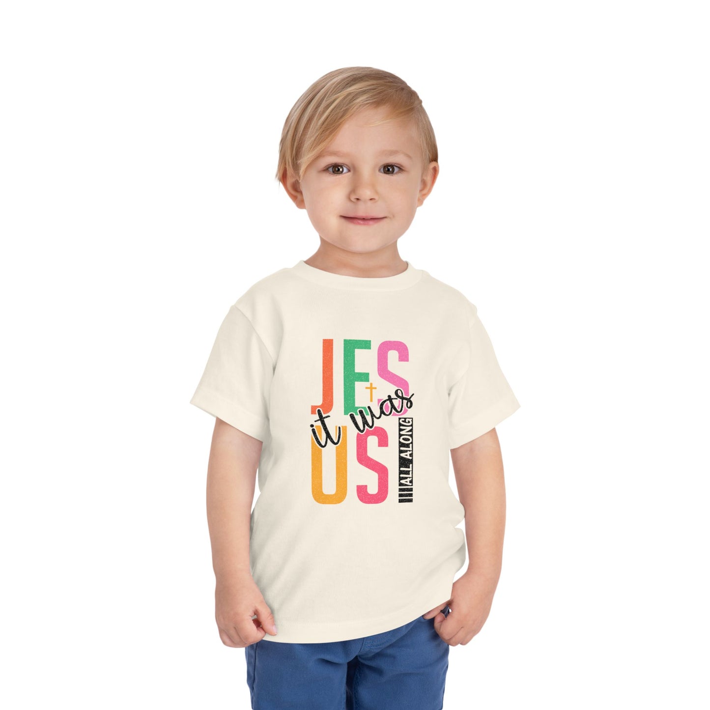 Toddler Tee — “Jesus It Was All A Long” Colorblock Faith Graphic