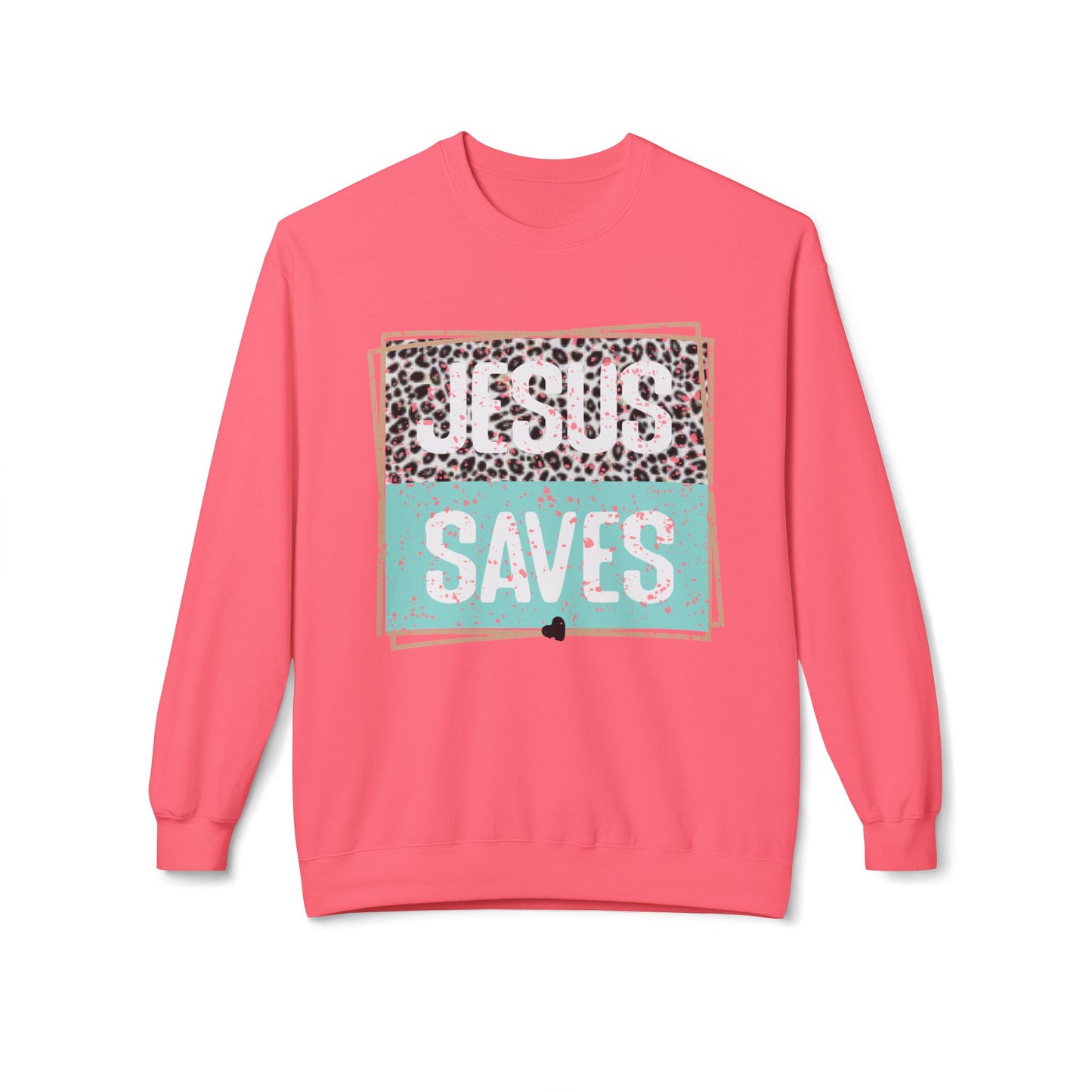 Jesus Saves Crewneck Sweatshirt — Teal Leopard Christian Graphic