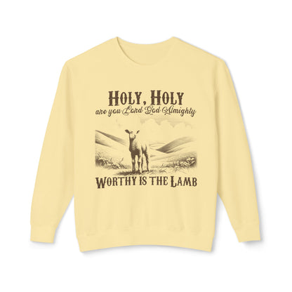 Christian Crewneck Sweatshirt — “Holy, Holy Worthy Is The Lamb” Lamb Graphic