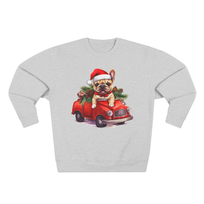 Bubbles! Christmas French Bulldog Sweatshirt — Cute Puppy in Santa Hat Driving Red Car