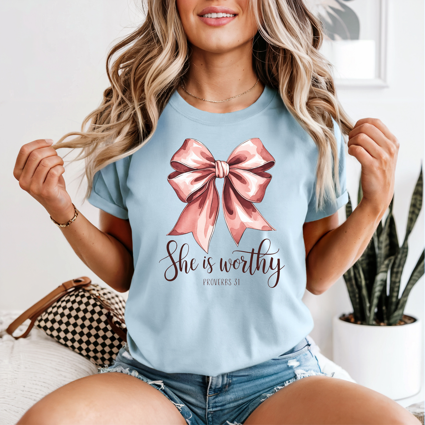 Pink Ribbon Bow She Is Worthy T‑Shirt