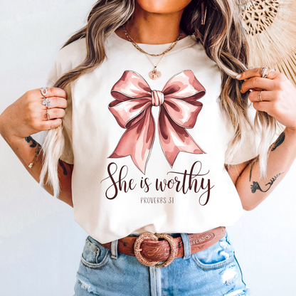 Pink Ribbon Bow She Is Worthy T‑Shirt