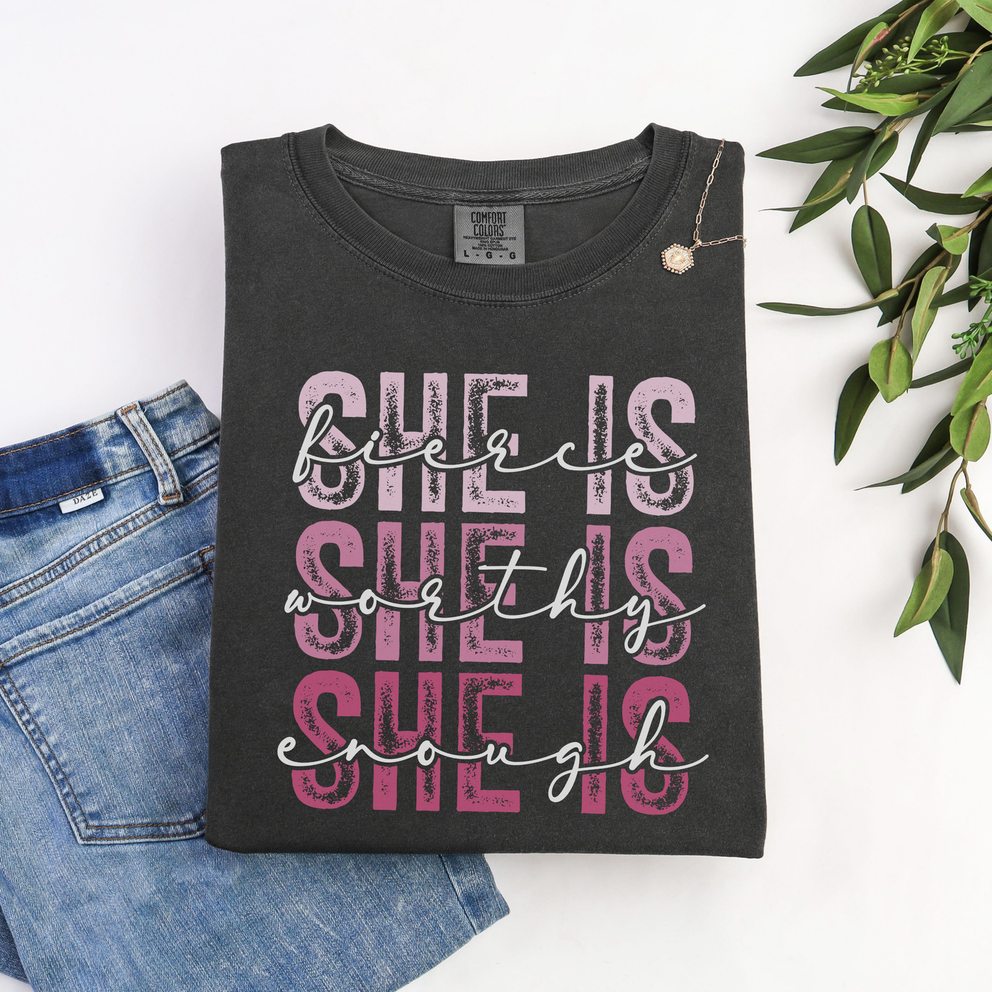 She Is Graphic T-Shirt — Pink Feminist Statement Tee