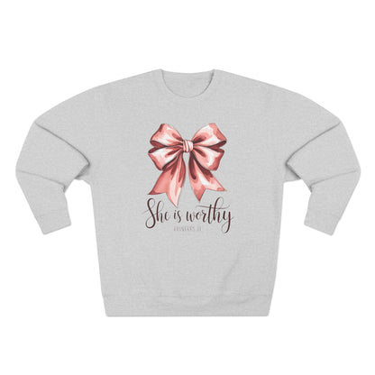 She Is Worthy Pink Bow Sweatshirt