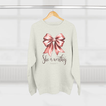 She Is Worthy Pink Bow Sweatshirt