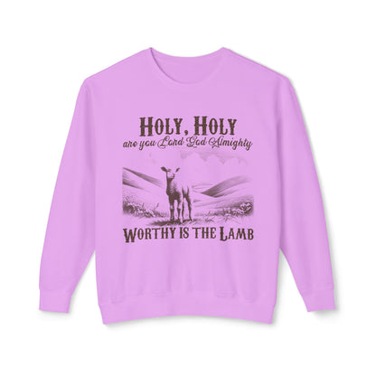 Christian Crewneck Sweatshirt — “Holy, Holy Worthy Is The Lamb” Lamb Graphic