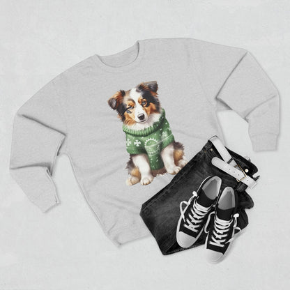 Australian Shepherd Puppy Sweatshirt – Cute Dog in Green Holiday Sweater