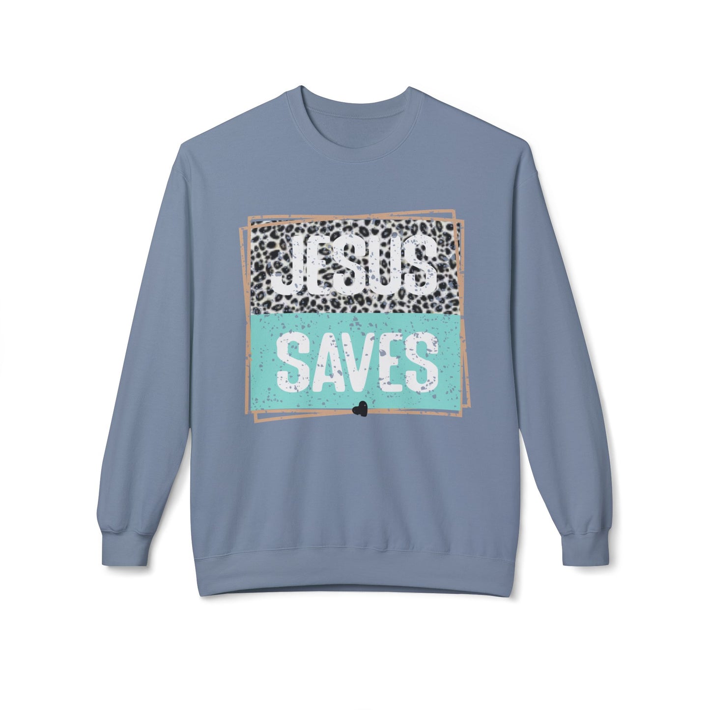 Jesus Saves Crewneck Sweatshirt — Teal Leopard Christian Graphic