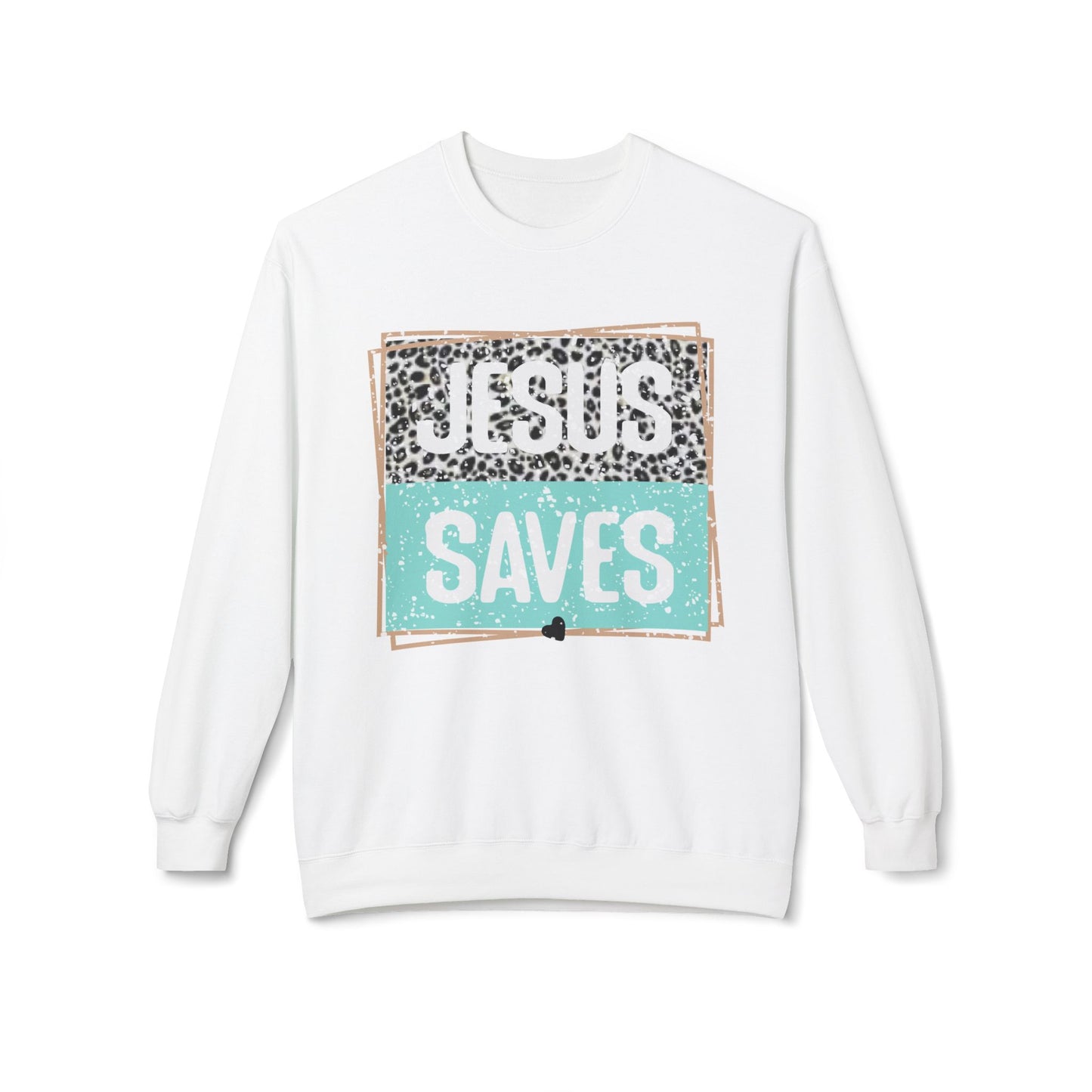 Jesus Saves Crewneck Sweatshirt — Teal Leopard Christian Graphic