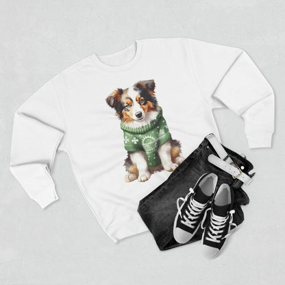 Australian Shepherd Puppy Sweatshirt – Cute Dog in Green Holiday Sweater