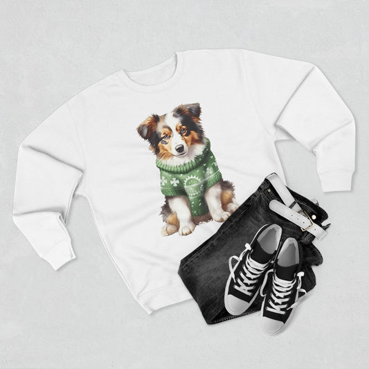 Australian Shepherd Puppy Sweatshirt – Cute Dog in Green Holiday Sweater