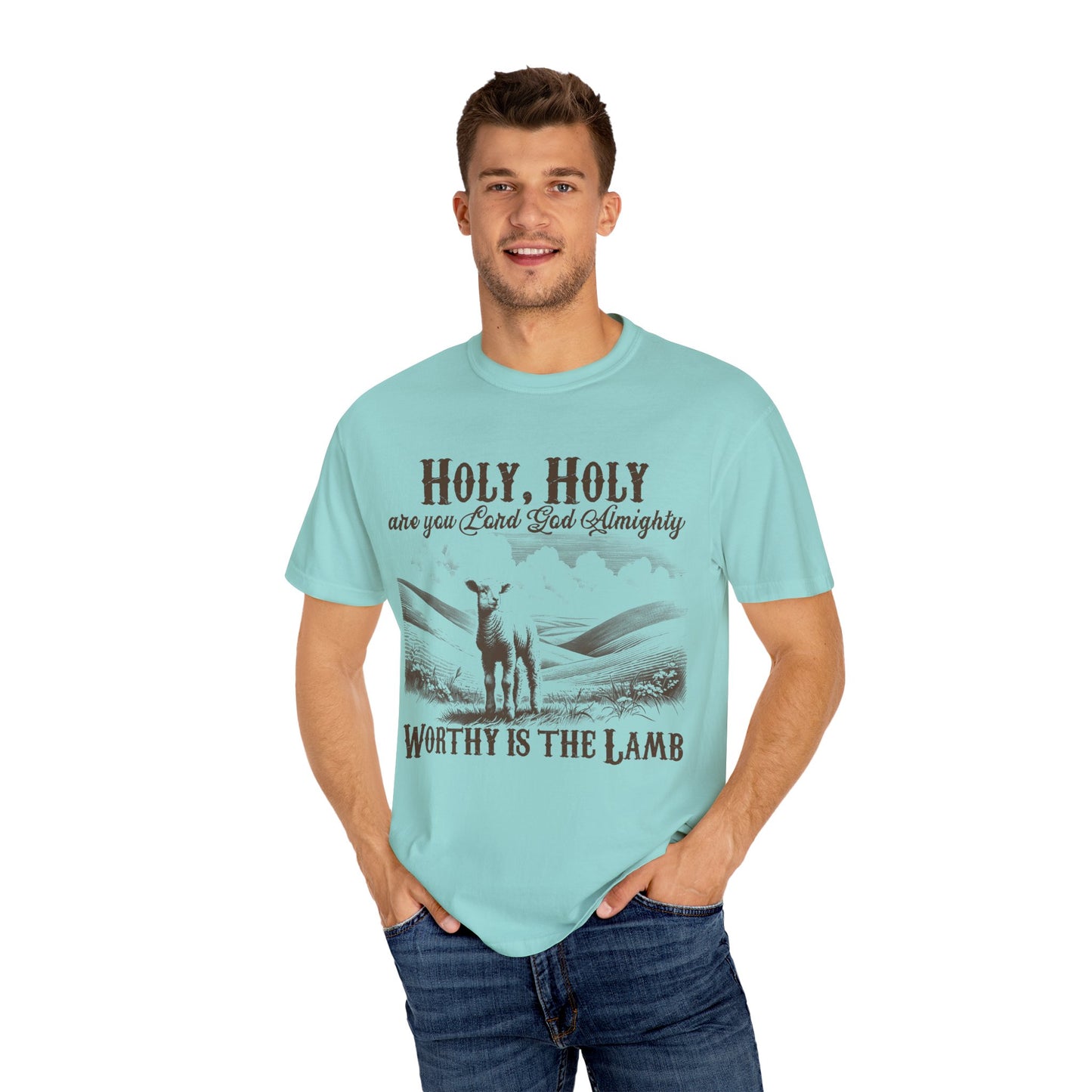 Christian T-Shirt — “Holy, Holy Worthy Is The Lamb” Vintage Lamb Graphic