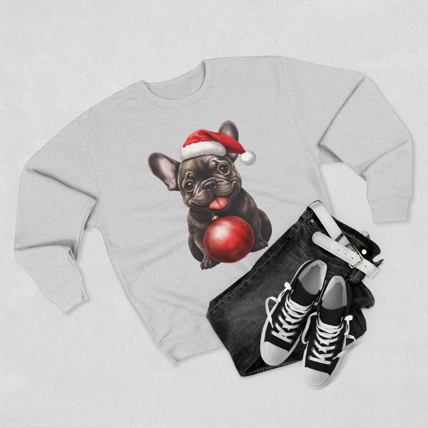 Chloe! Christmas French Bulldog Sweatshirt — Cute Pup with Santa Hat & Ornament