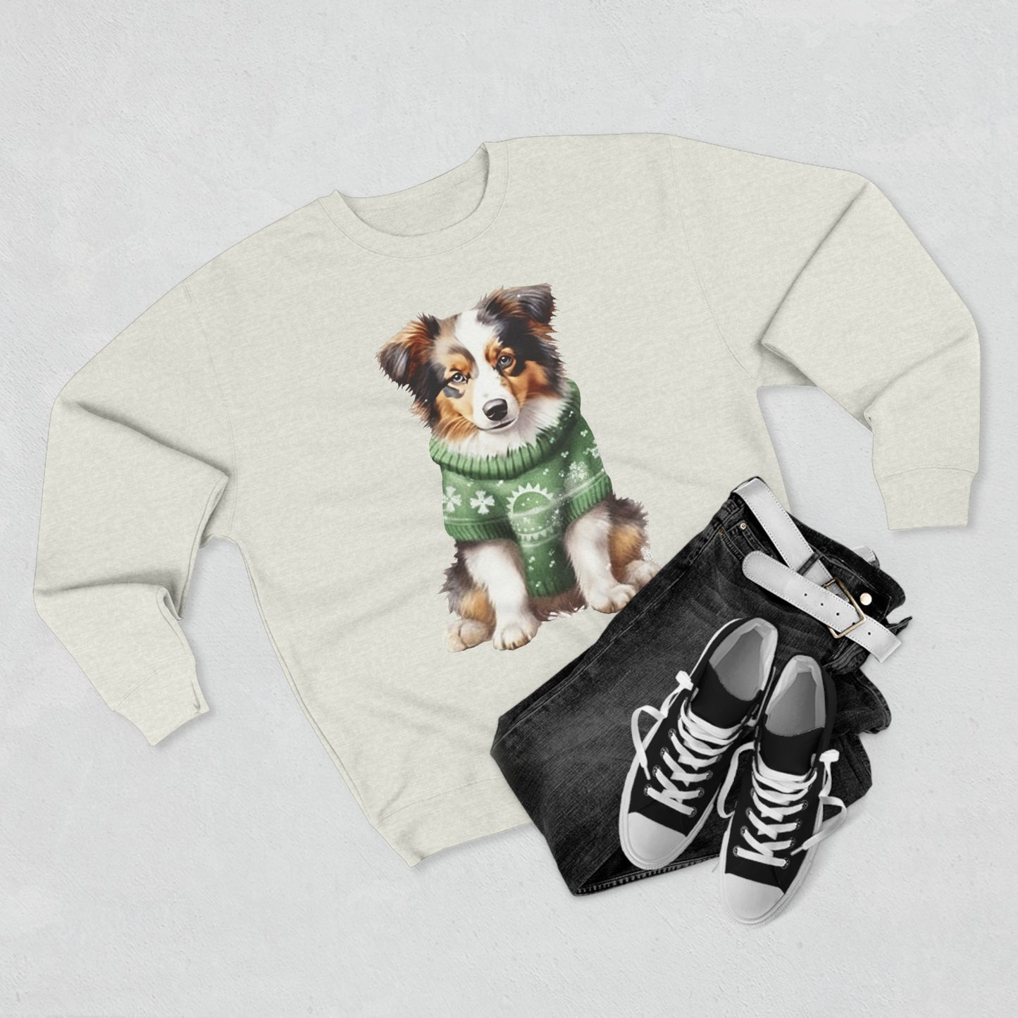 Australian Shepherd Puppy Sweatshirt – Cute Dog in Green Holiday Sweater