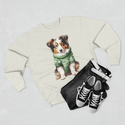 Australian Shepherd Puppy Sweatshirt – Cute Dog in Green Holiday Sweater