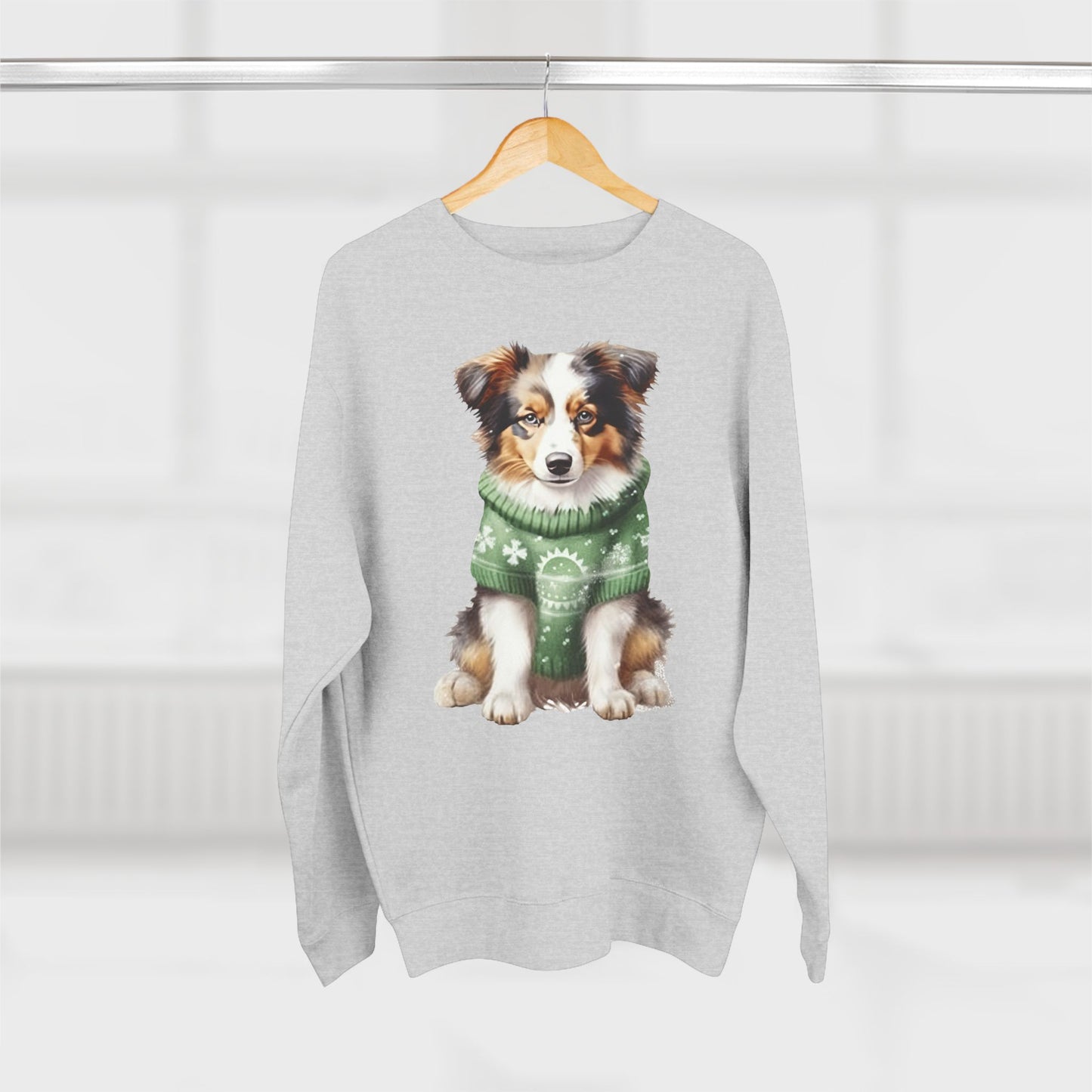 Australian Shepherd Puppy Sweatshirt – Cute Dog in Green Holiday Sweater