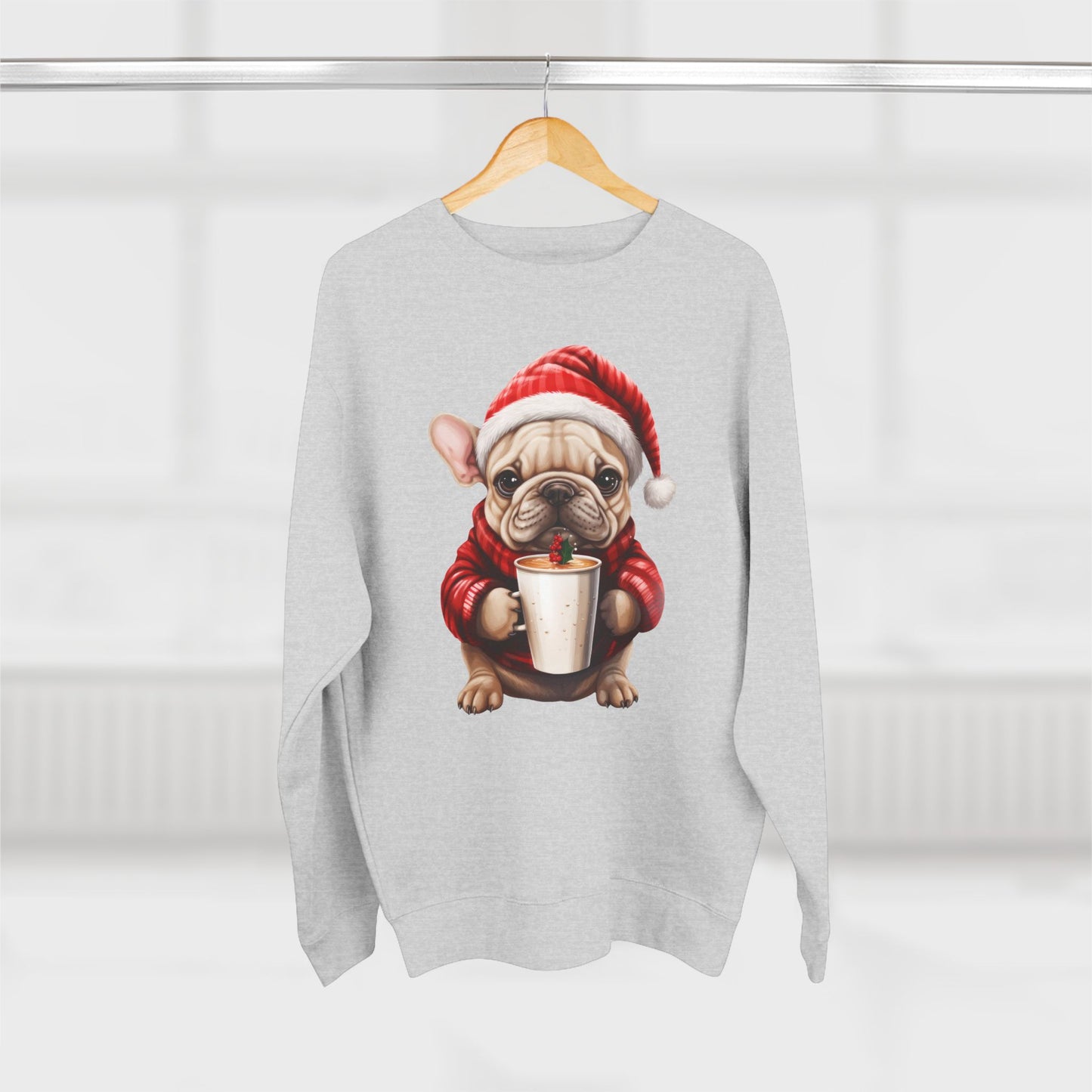 Bubbles! Christmas Frenchy Sweatshirt — Cute Puppy in Santa Hat Holding Hot Cocoa