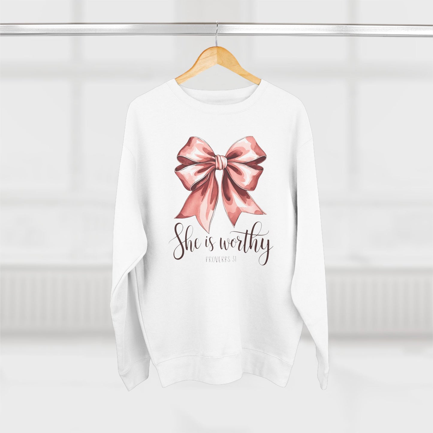 She Is Worthy Pink Bow Sweatshirt