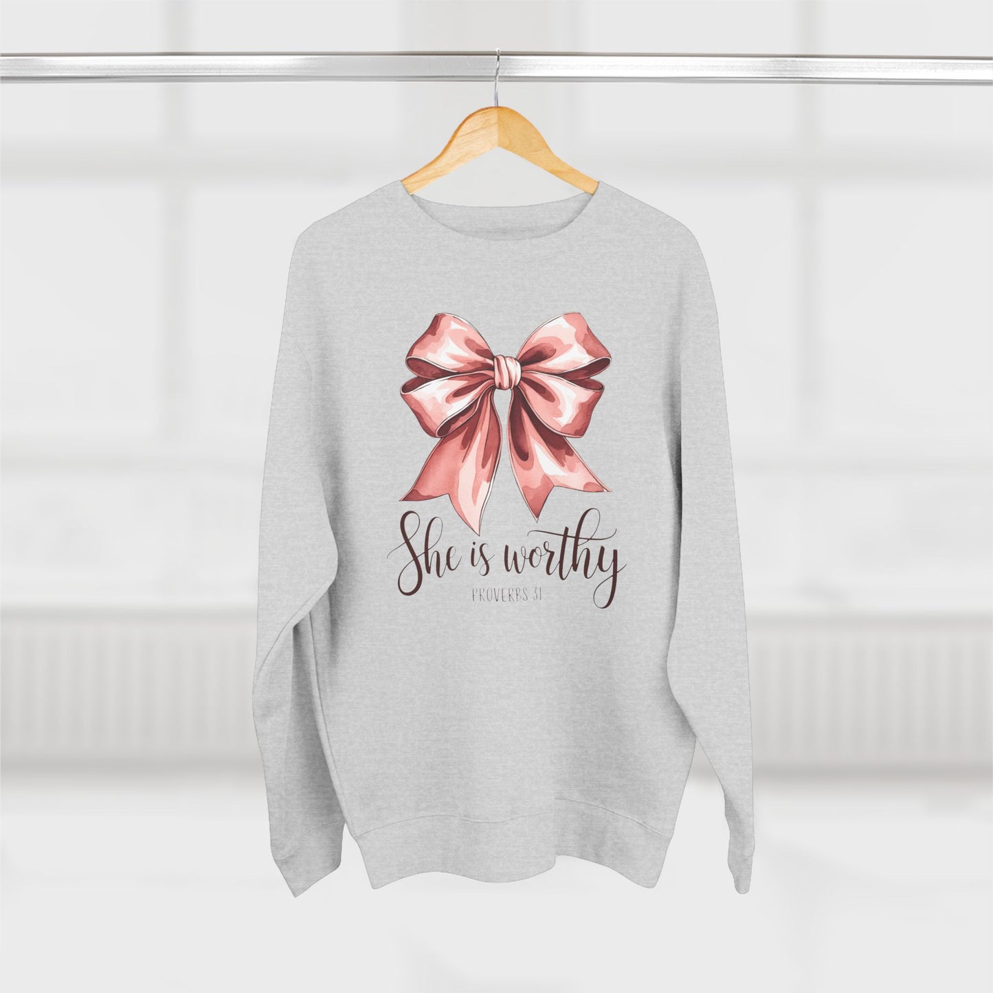 She Is Worthy Pink Bow Sweatshirt
