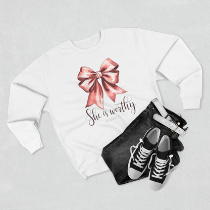 She Is Worthy Pink Bow Sweatshirt