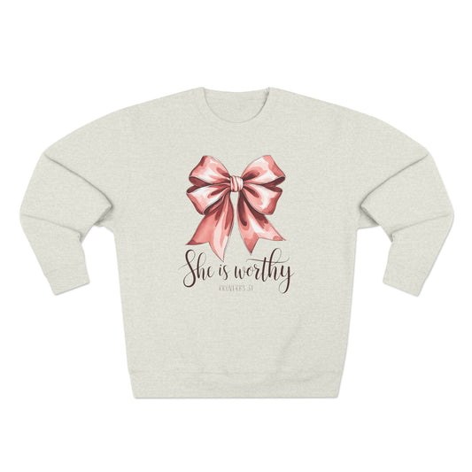 She Is Worthy Pink Bow Sweatshirt