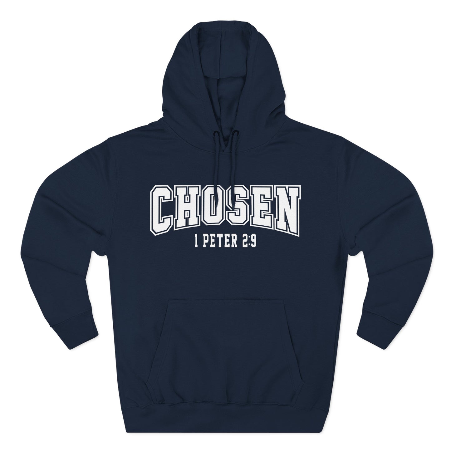 Navy blue hoodie with 'CHosen 1 Peter 2:9' text on a white background