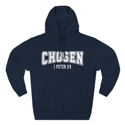 Navy blue hoodie with 'CHosen 1 Peter 2:9' text on a white background