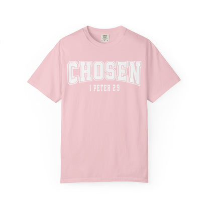 Pink t-shirt with 'Chosen 1 Peter 2:9' text on a white background