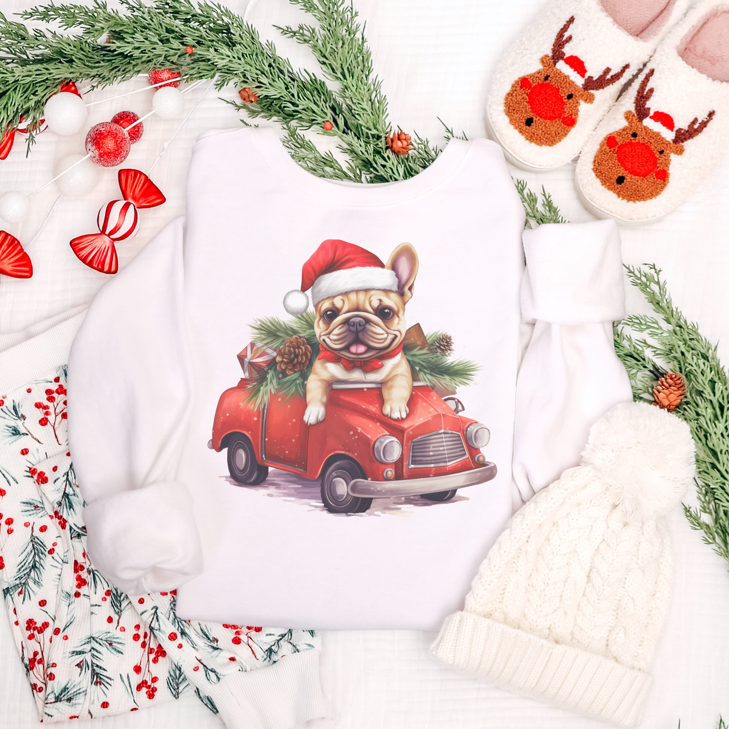 Bubbles! Christmas French Bulldog Sweatshirt — Cute Puppy in Santa Hat Driving Red Car