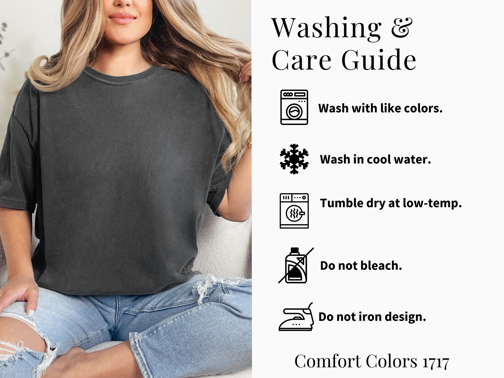 Person wearing a dark gray t-shirt with washing and care guide on the right