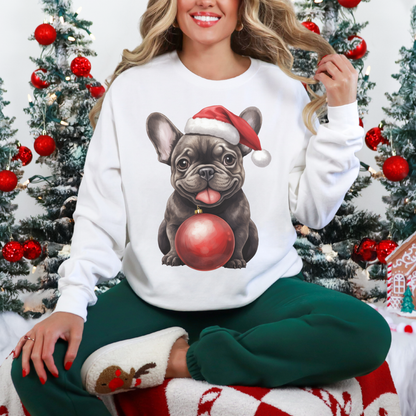 Chloe! Christmas French Bulldog Sweatshirt — Cute Pup with Santa Hat & Ornament