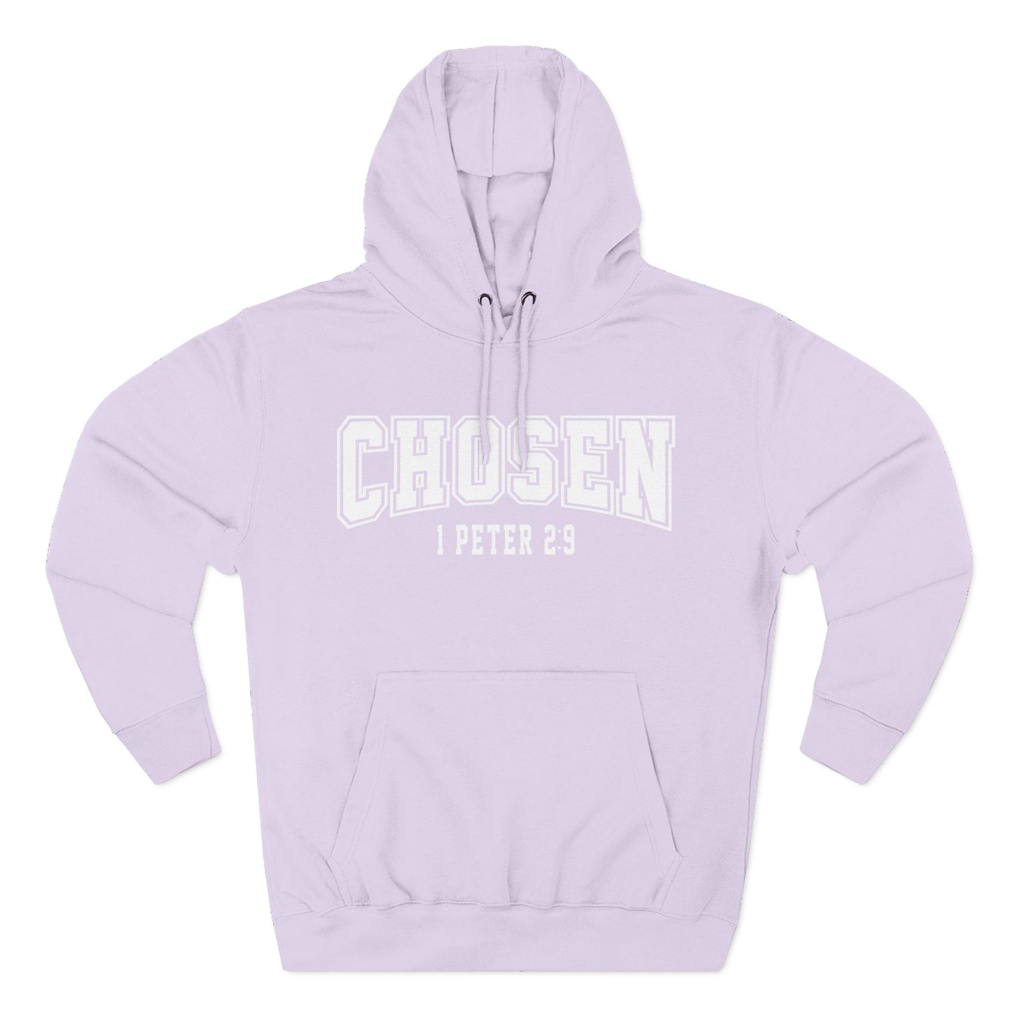 Lavender hoodie with 'CHosen 1 Peter 2:9' text on a white background