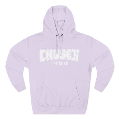Lavender hoodie with 'CHosen 1 Peter 2:9' text on a white background