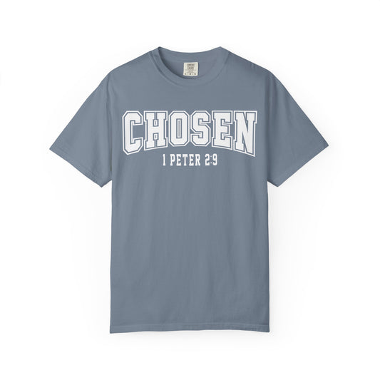 Gray t-shirt with 'Chosen 1 Peter 29' text on a white background