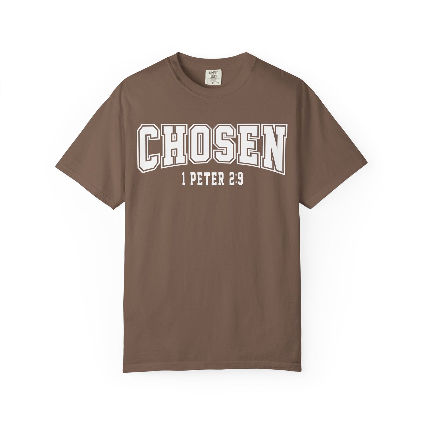 Brown t-shirt with 'Chosen 1 Peter 29' text on a white background