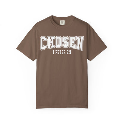 Brown t-shirt with 'Chosen 1 Peter 29' text on a white background