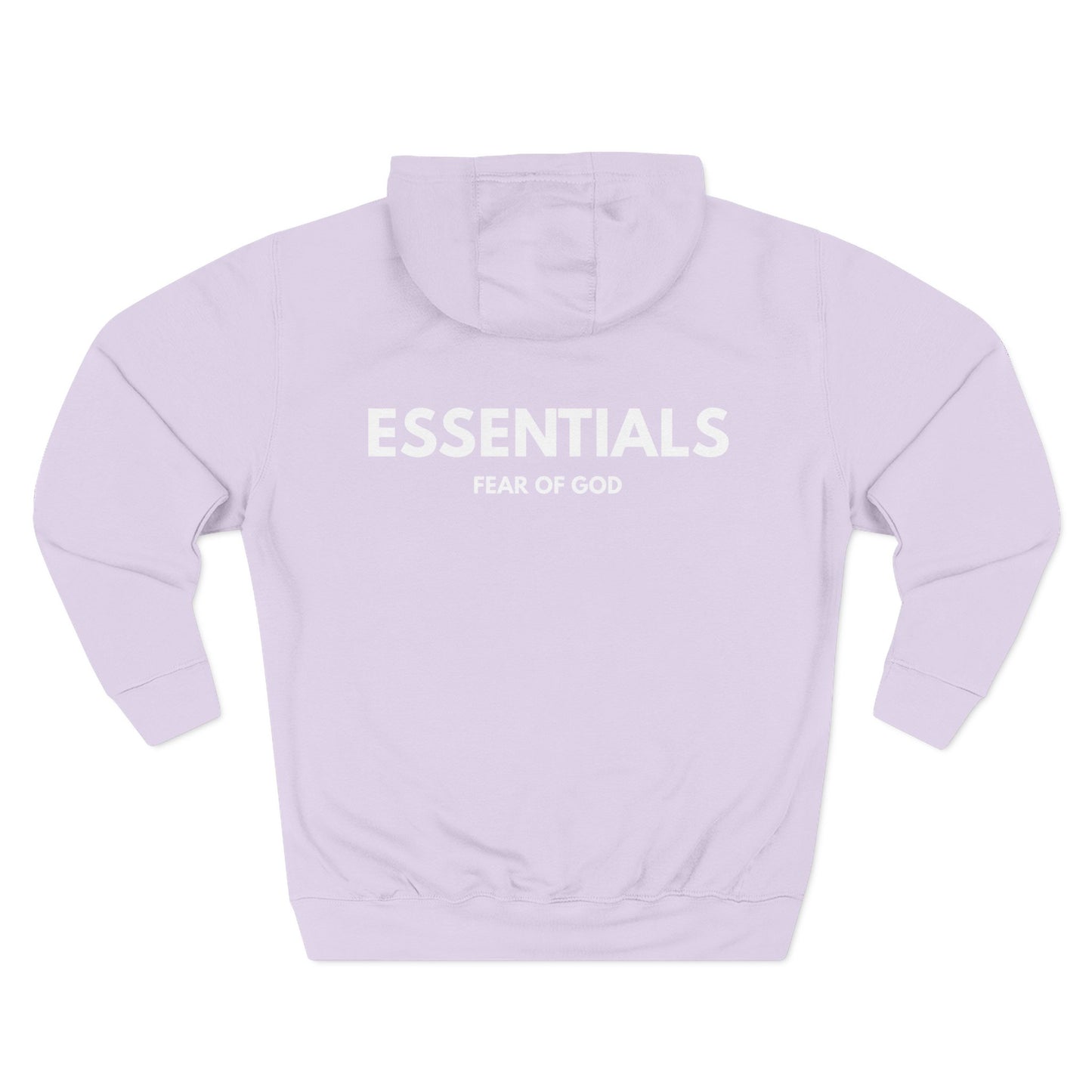 Light purple hoodie with 'ESSENTIALS' and 'FEAR OF GOD' text on a white background